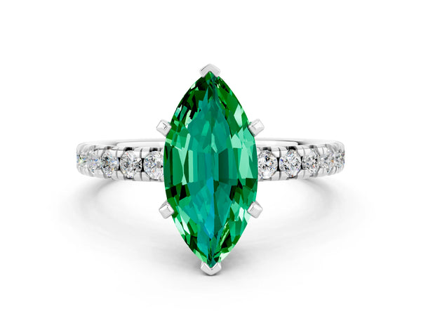 Silver Marquise Cut Emerald Solitaire Pavé Engagement Ring with Round Band and Prong Setting