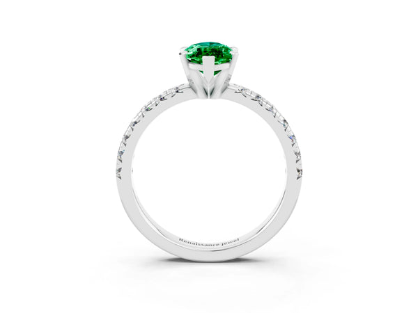 Silver Marquise Cut Emerald Solitaire Pavé Engagement Ring with Round Band and Prong Setting