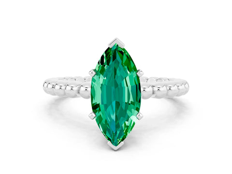 White gold Marquise Cut Emerald Solitaire Ring with Beaded Band and Prong Setting_24