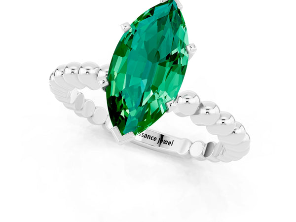 Silver Marquise Cut Emerald Solitaire Ring with Beaded Band and Prong Setting