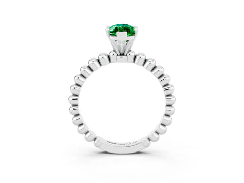 White gold Marquise Cut Emerald Solitaire Ring with Beaded Band and Prong Setting_27