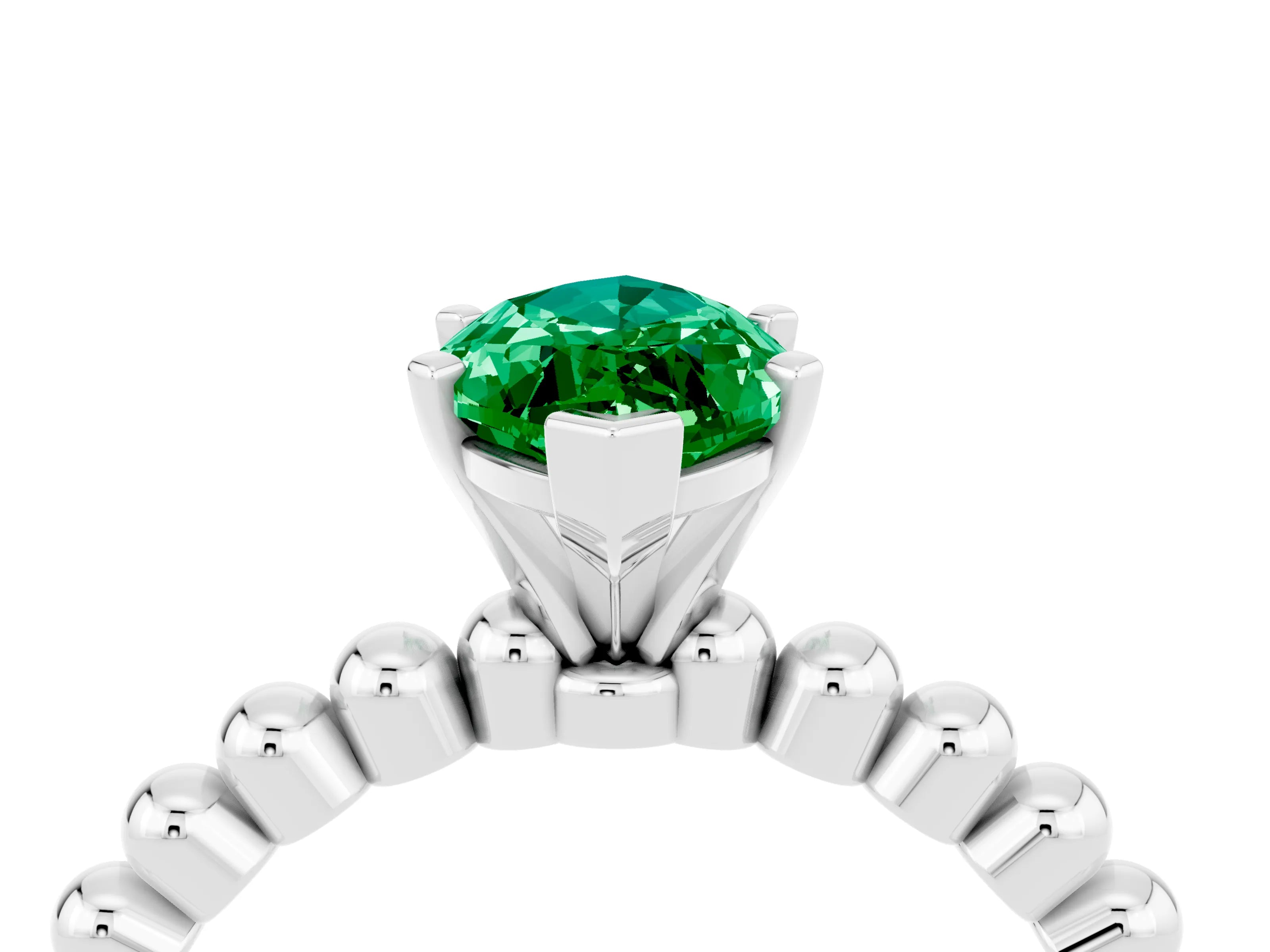 White gold Marquise Cut Emerald Solitaire Ring with Beaded Band and Prong Setting_28