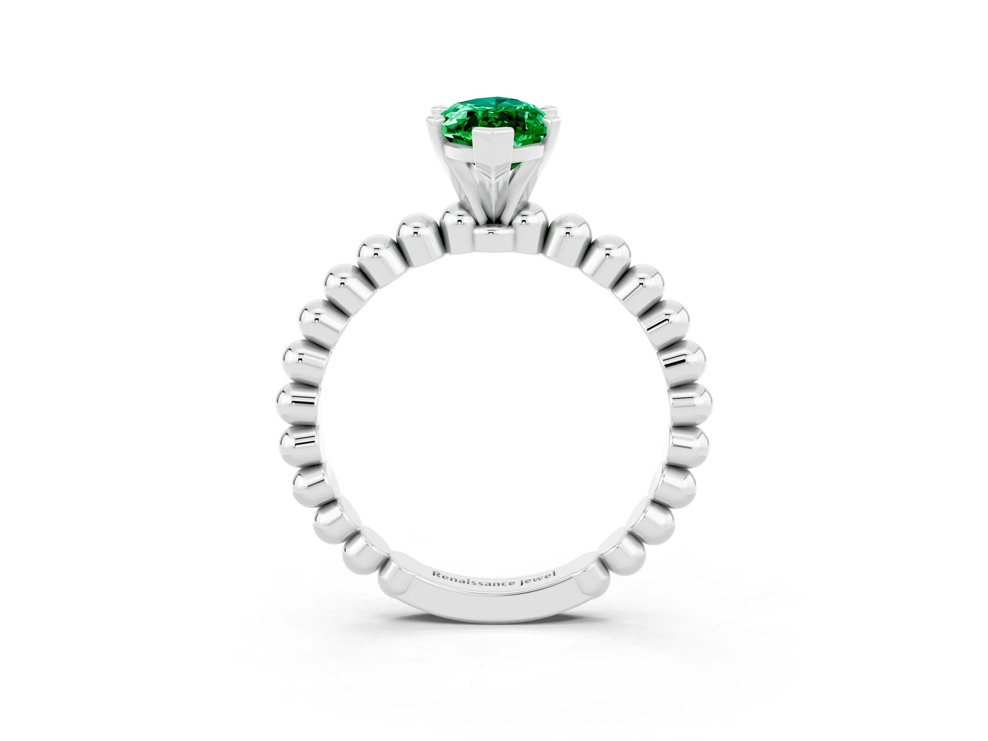 White gold Marquise Cut Emerald Solitaire Ring with Beaded Band and Prong Setting_39
