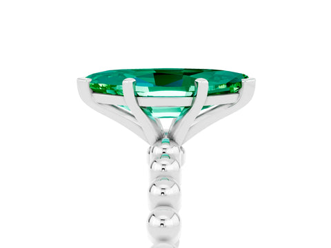 White gold Marquise Cut Emerald Solitaire Ring with Beaded Band and Prong Setting_41