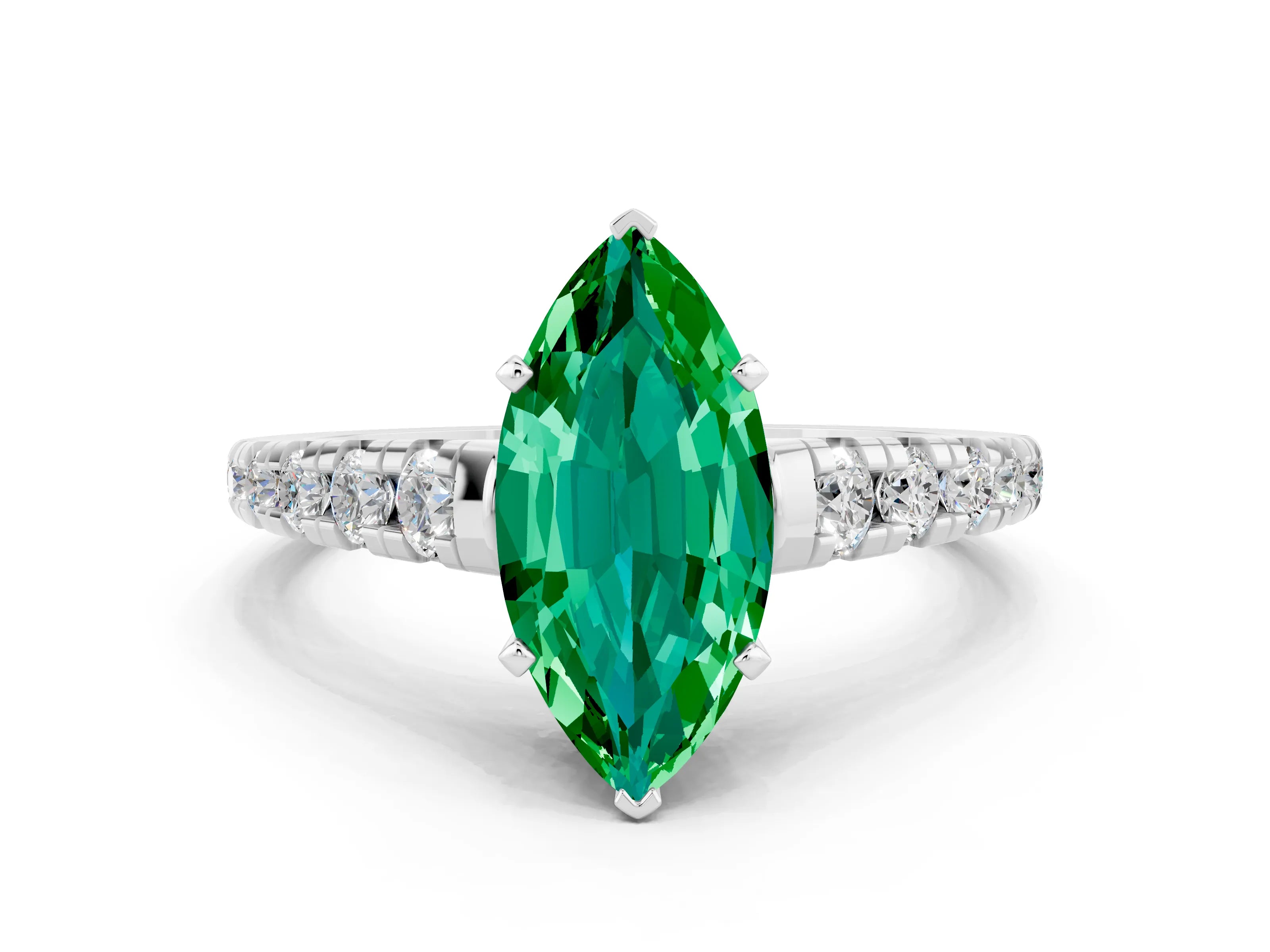 White gold Marquise Cut Emerald Solitaire Ring with Cathedral Setting and Pavé Band