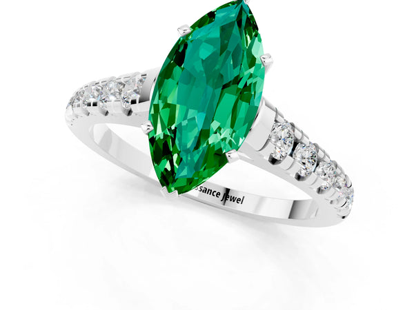 White gold Marquise Cut Emerald Cathedral Solitaire Ring with Round  Pavé Band
