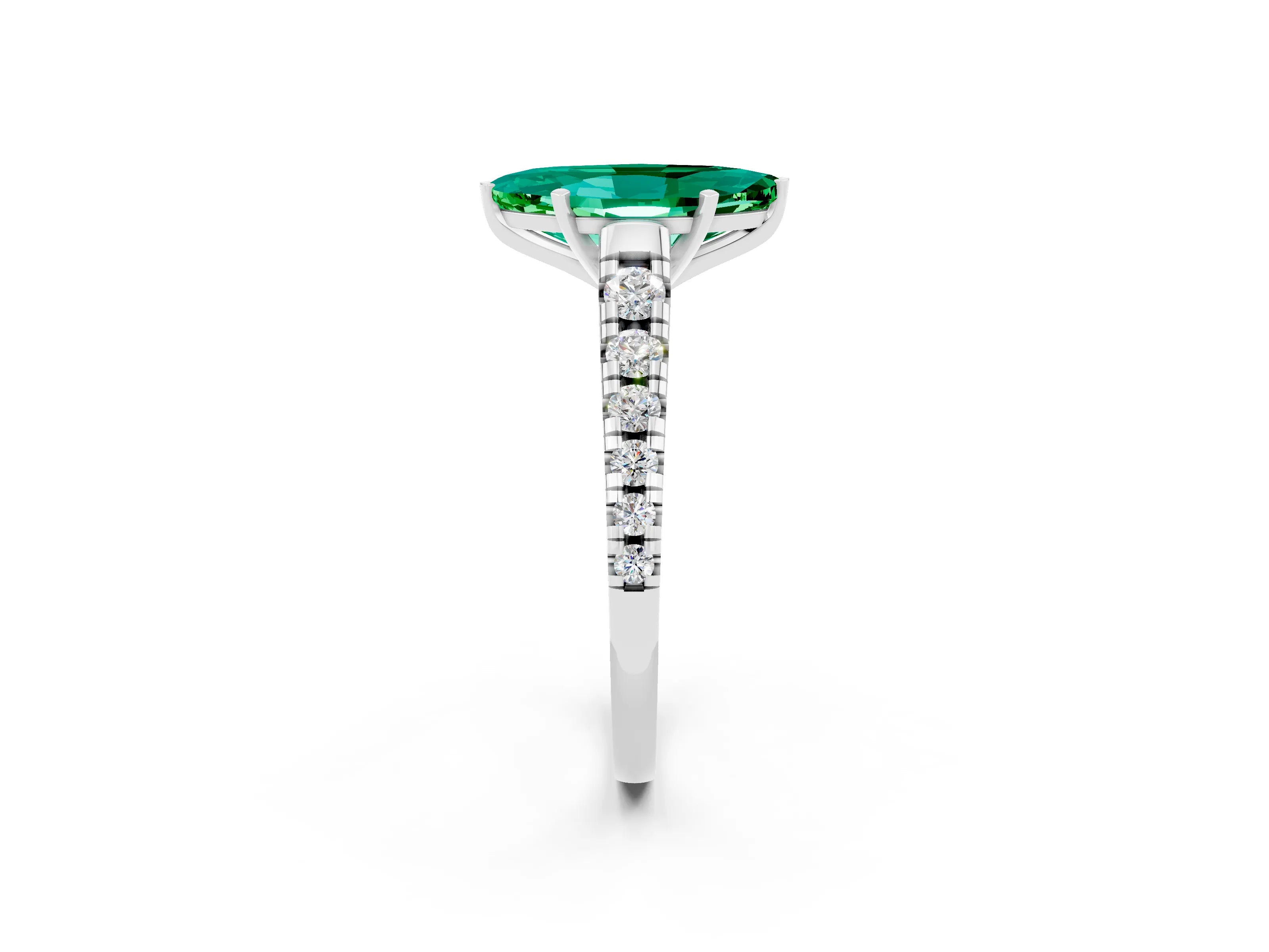 White gold Marquise Cut Emerald Solitaire Ring with Cathedral Setting and Pavé Band_2