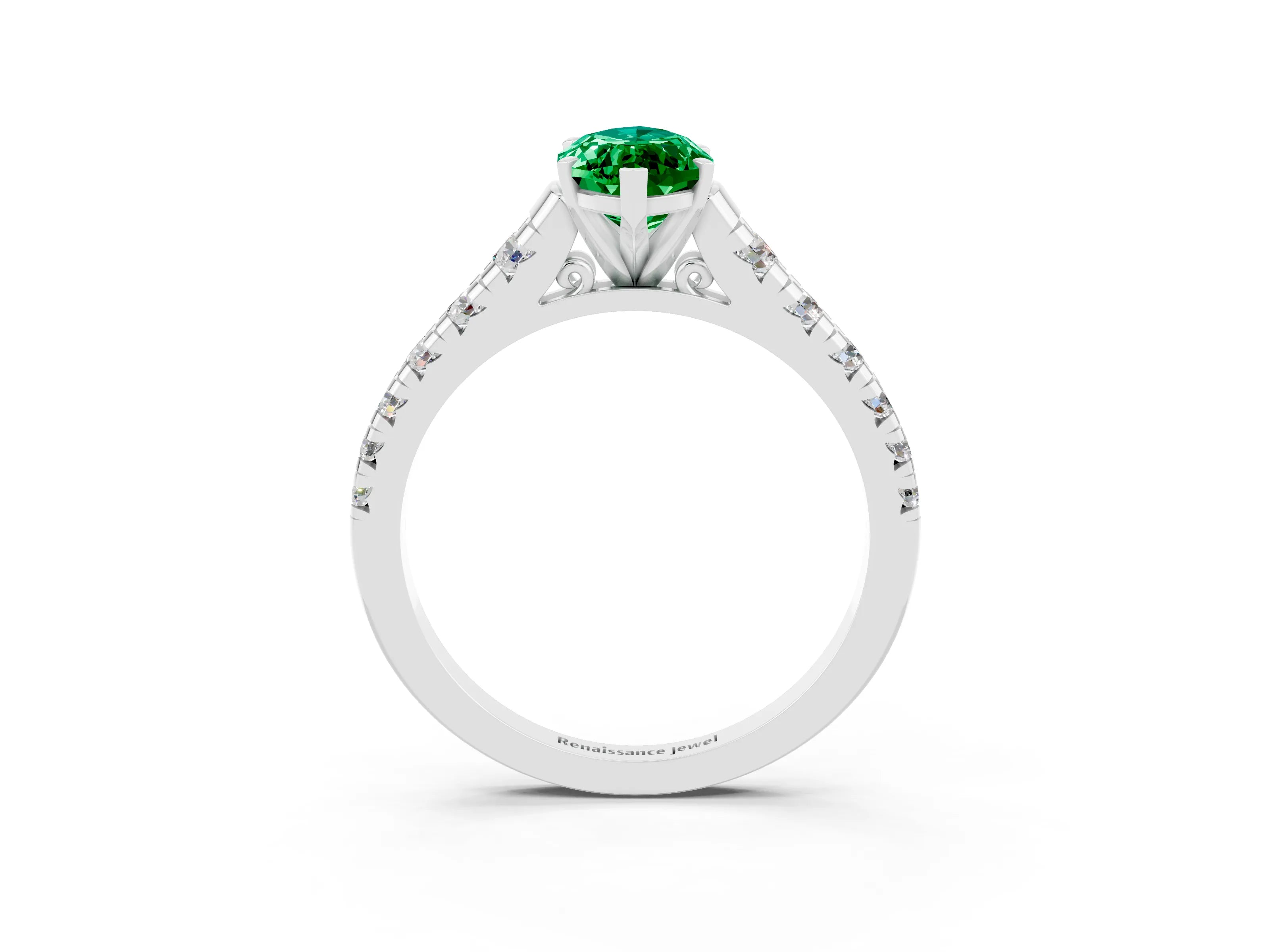 White gold Marquise Cut Emerald Solitaire Ring with Cathedral Setting and Pavé Band_3
