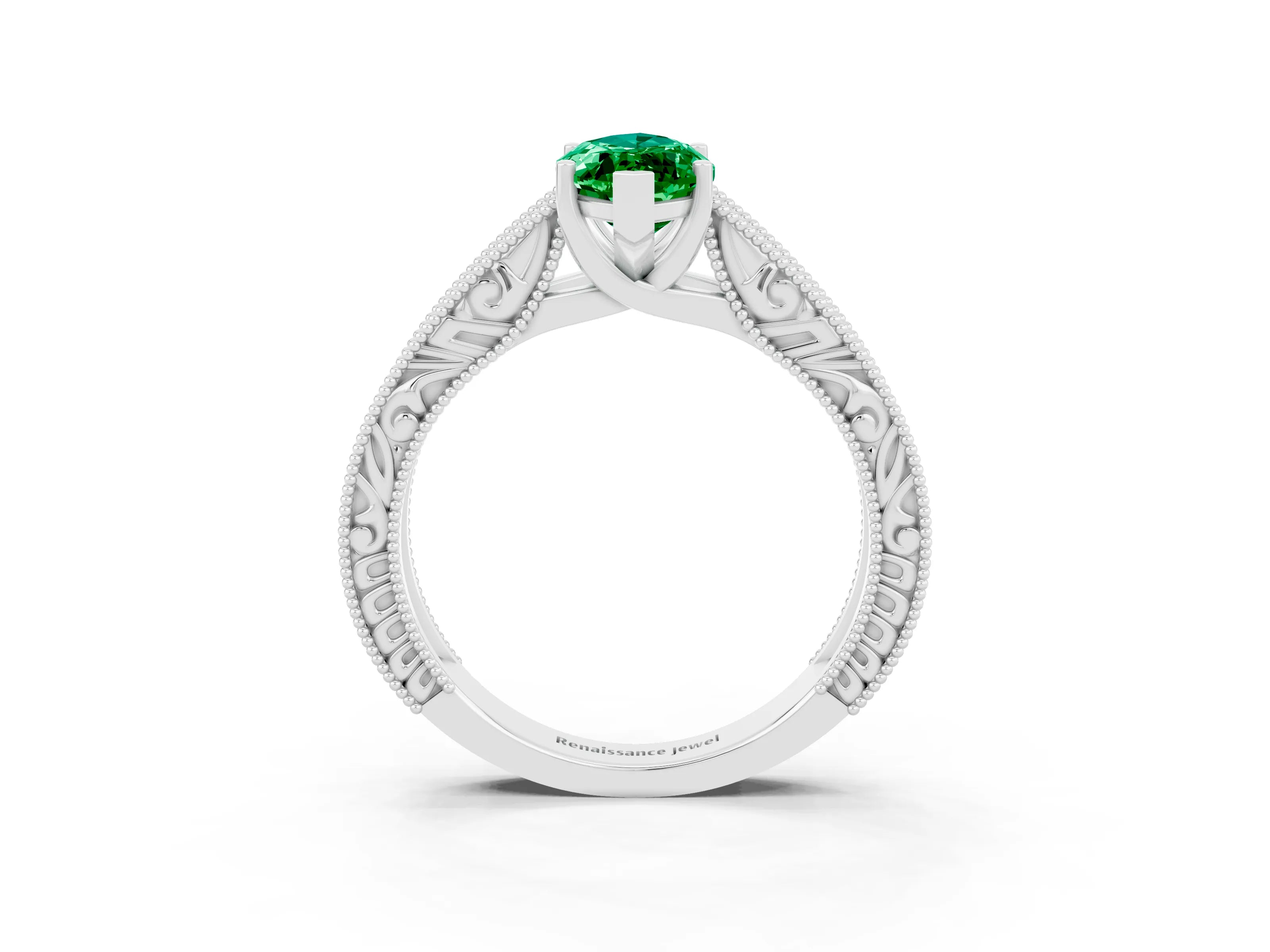 White gold Marquise Cut Emerald Solitaire Ring with Engraved Band and Four-Prong Setting_3