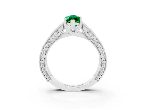 White gold Marquise Cut Emerald Solitaire Ring with Engraved Band and Four-Prong Setting_3