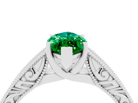 White gold Marquise Cut Emerald Solitaire Ring with Engraved Band and Four-Prong Setting_4