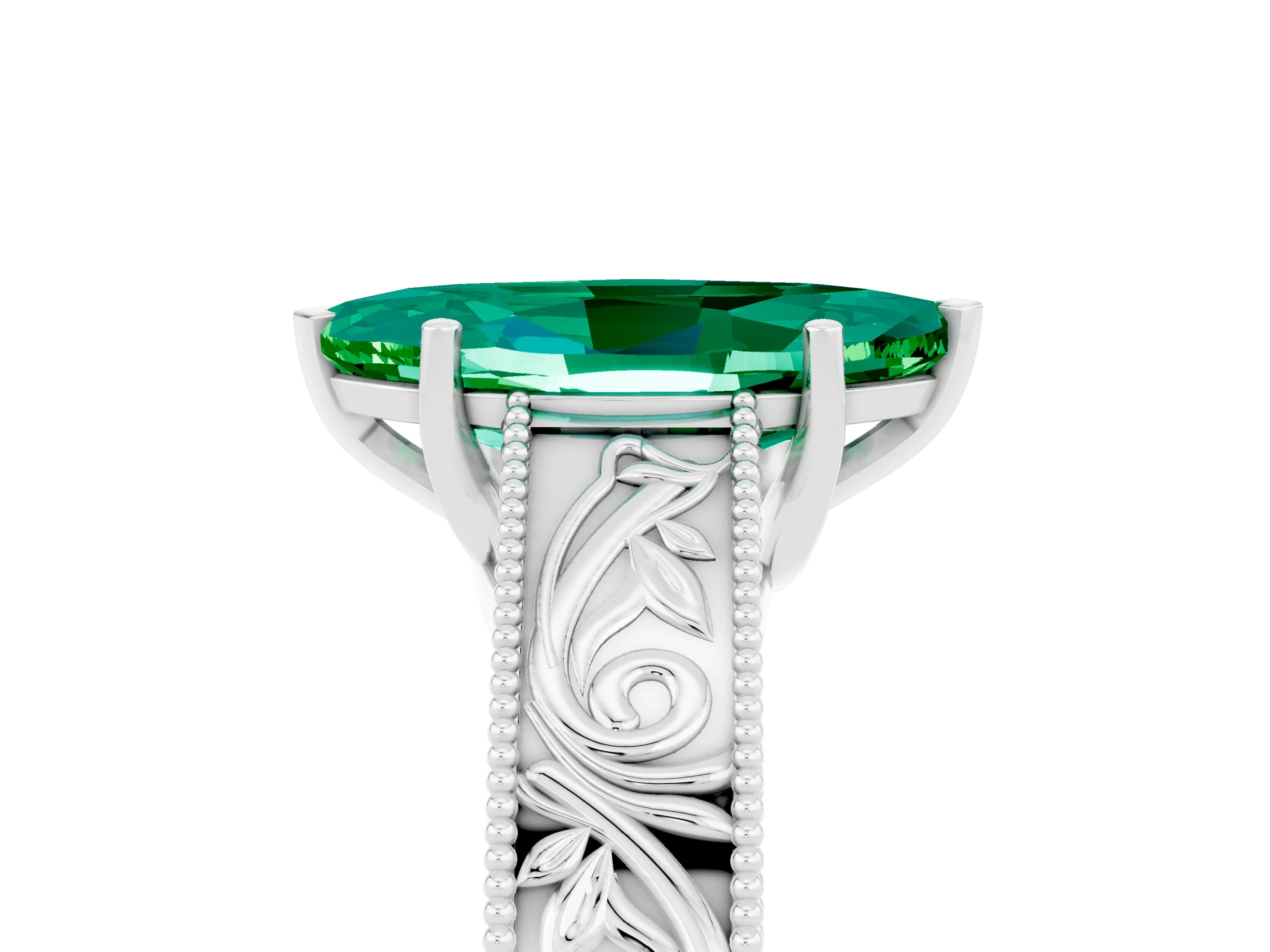 White gold Marquise Cut Emerald Solitaire Ring with Engraved Band and Four-Prong Setting_5