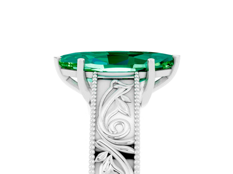 White gold Marquise Cut Emerald Solitaire Ring with Engraved Band and Four-Prong Setting_5