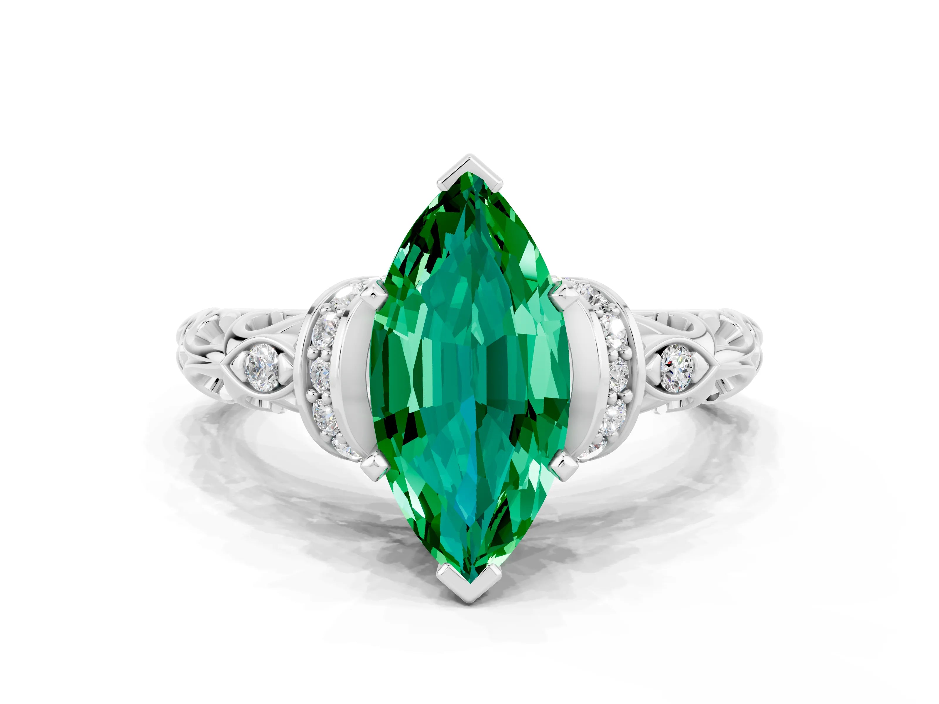 White gold Marquise Cut Emerald Solitaire Ring with Filigree Band and Four-Prong Setting_24