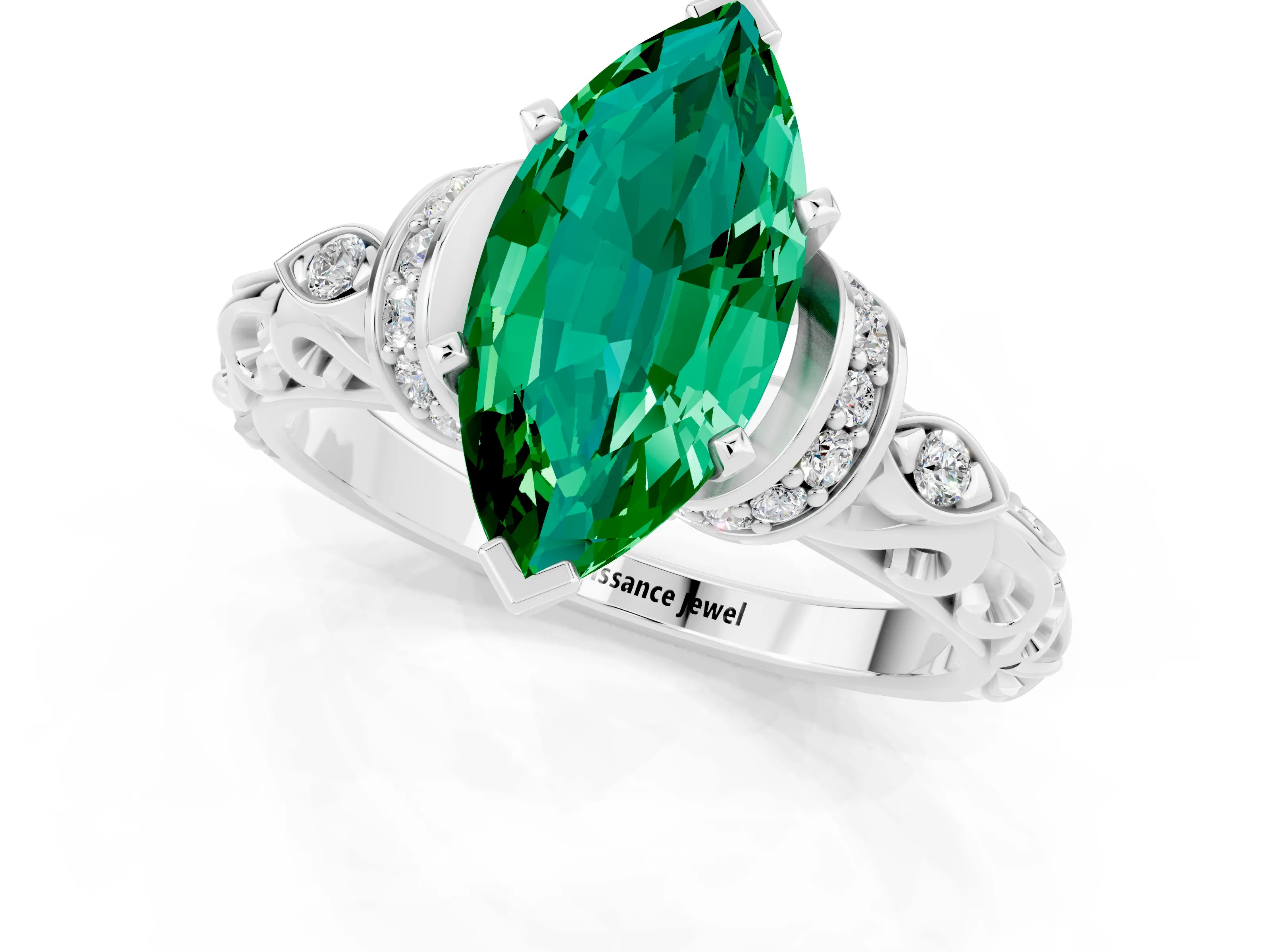 White gold Marquise Cut Emerald Solitaire Ring with Filigree Band and Four-Prong Setting_25