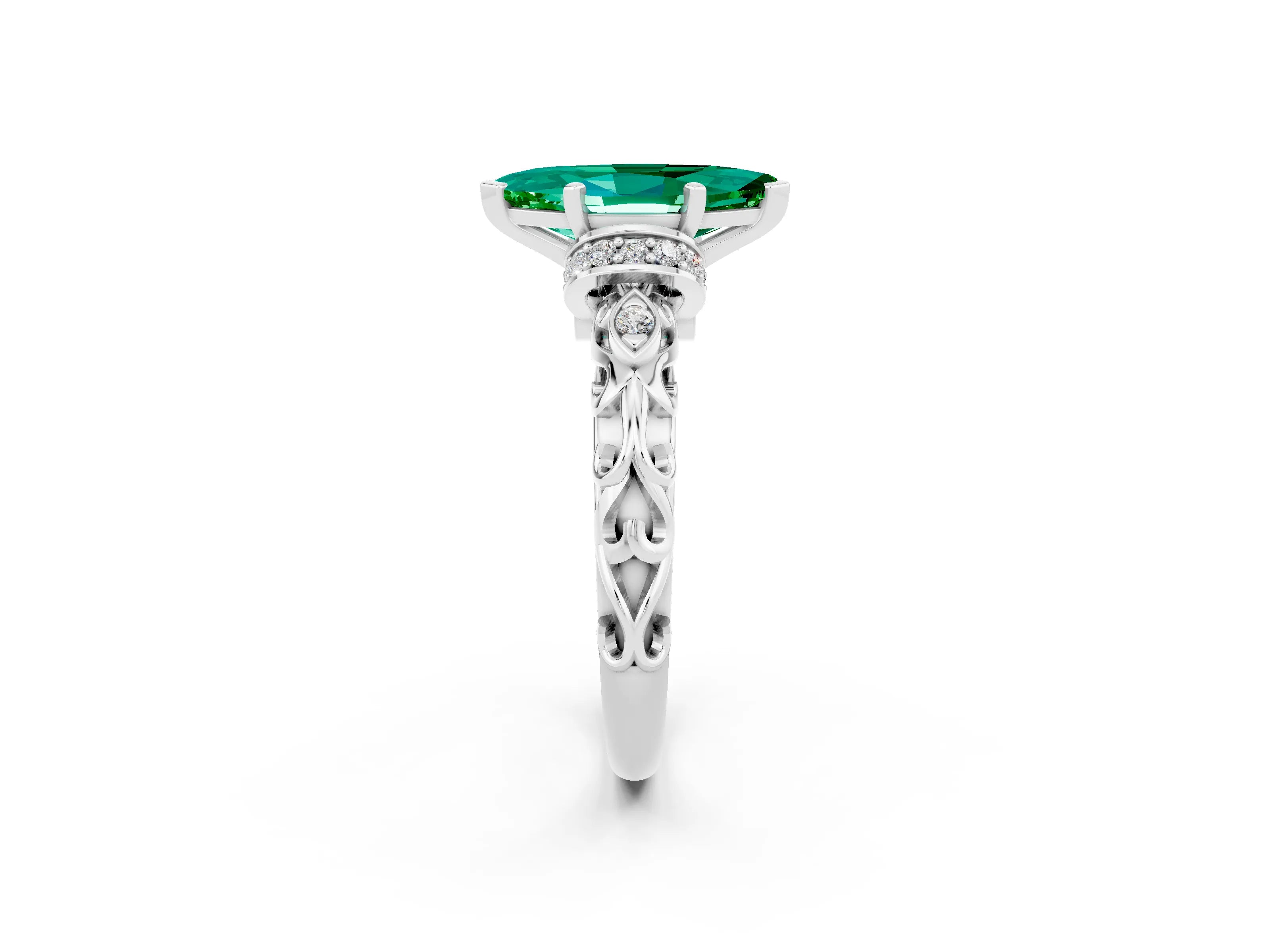 White gold Marquise Cut Emerald Solitaire Ring with Filigree Band and Four-Prong Setting_26