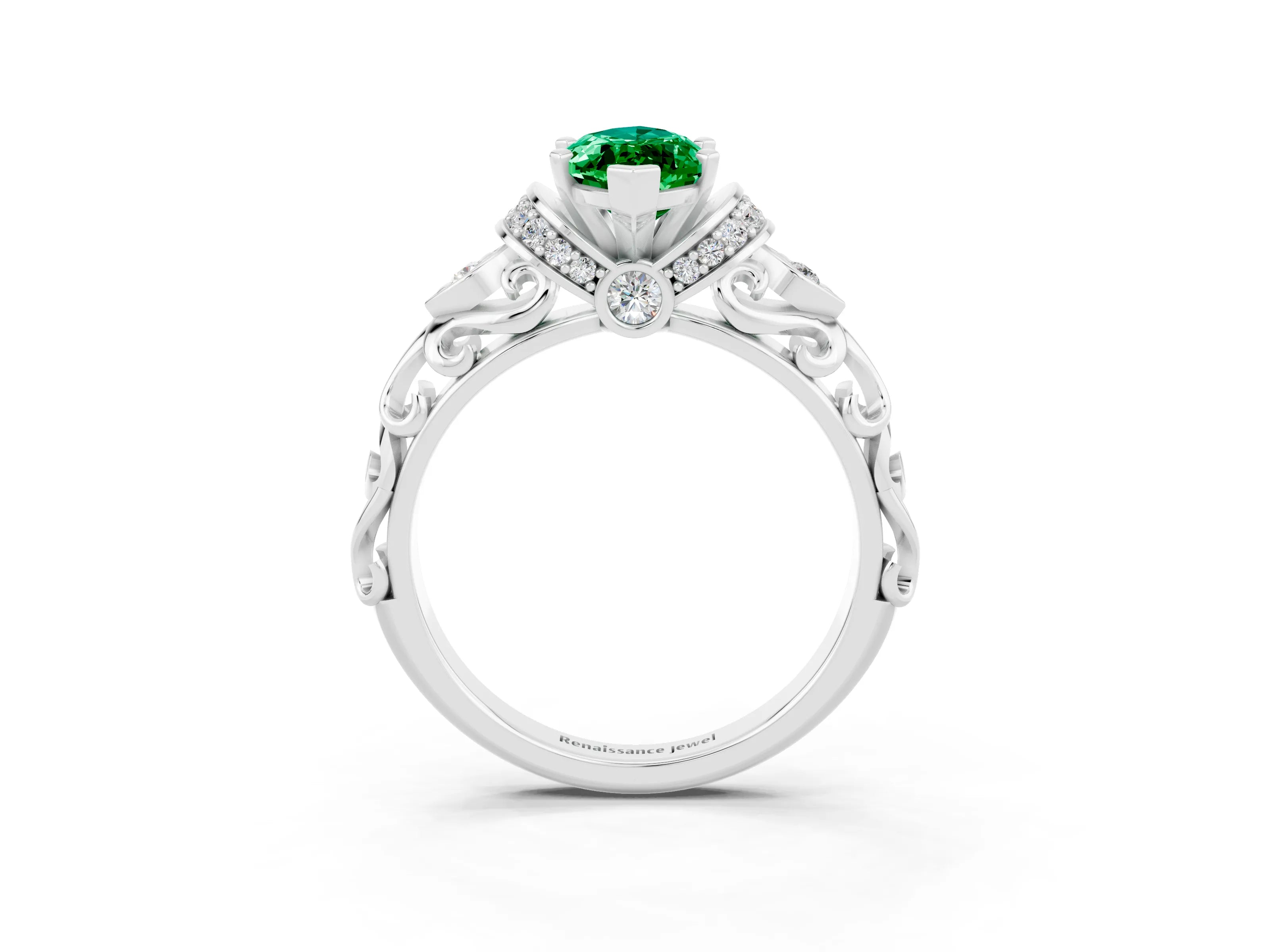 White gold Marquise Cut Emerald Solitaire Ring with Filigree Band and Four-Prong Setting_27