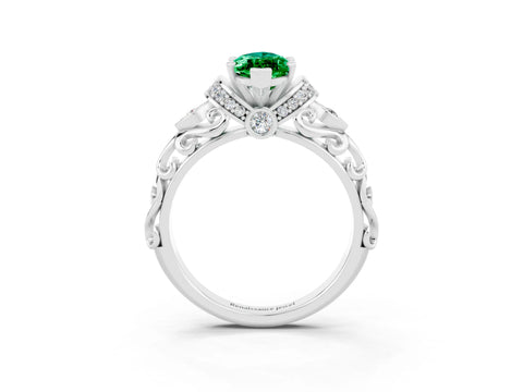 White gold Marquise Cut Emerald Solitaire Ring with Filigree Band and Four-Prong Setting_27