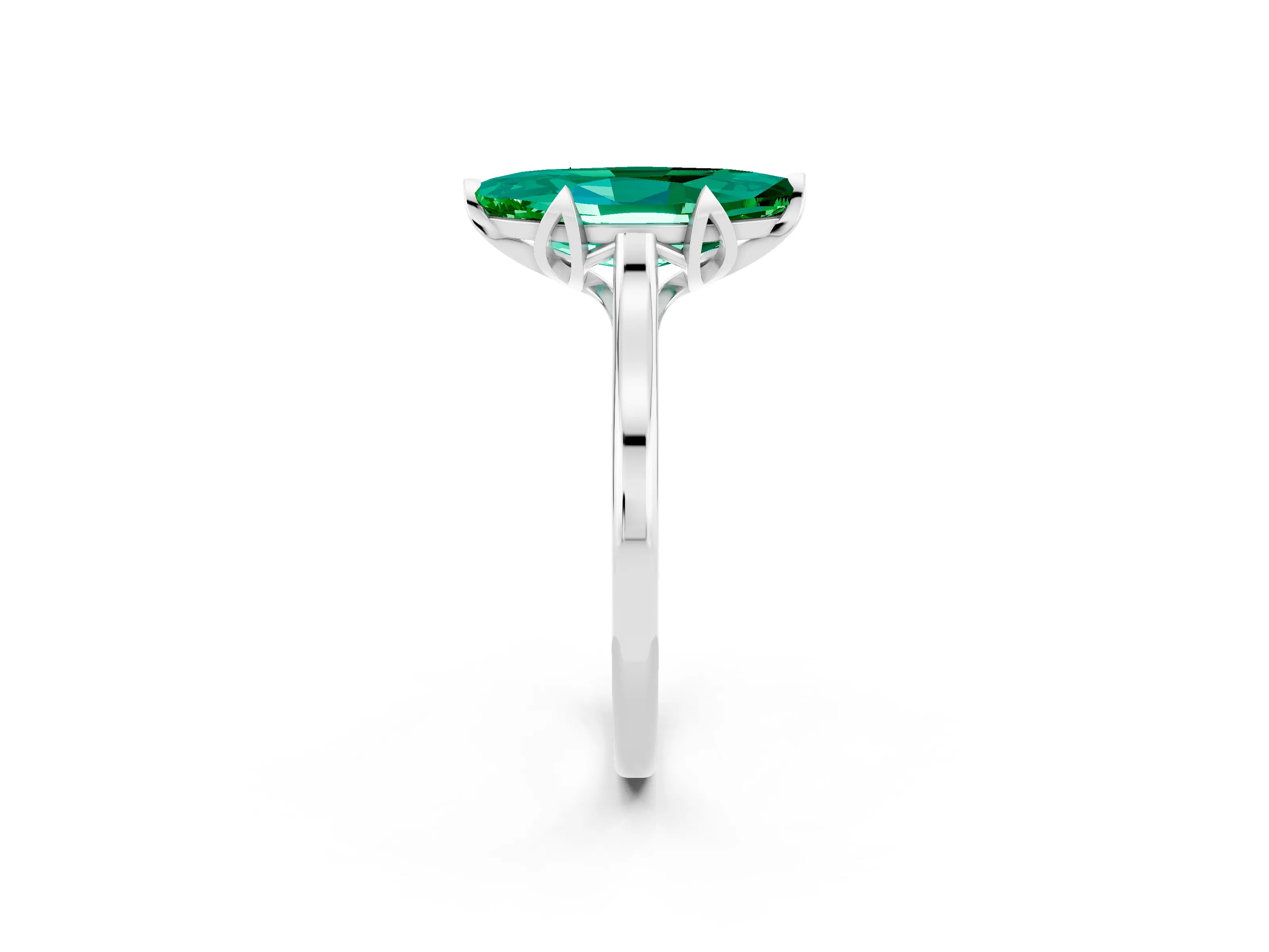 White gold Marquise Cut Emerald Solitaire Ring with Flower Prong Setting and Classic Band_14