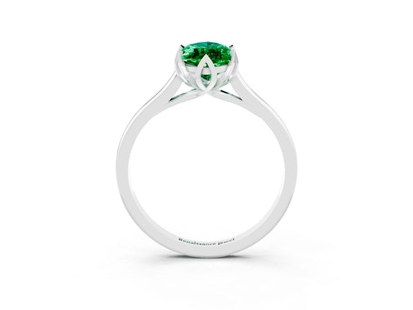 White gold Marquise Cut Emerald Solitaire Ring with Flower Prong Setting and Classic Band