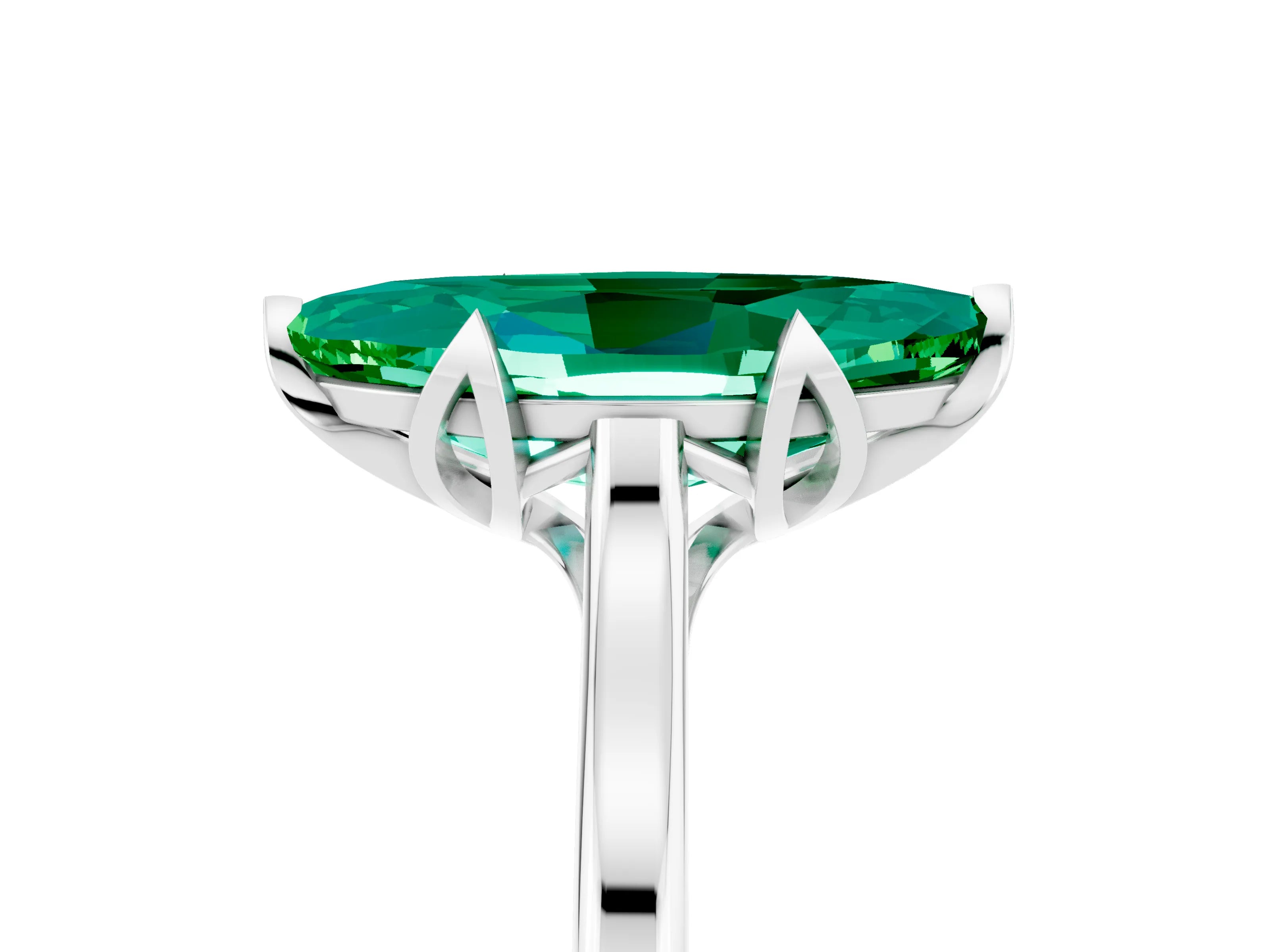 White gold Marquise Cut Emerald Solitaire Ring with Flower Prong Setting and Classic Band_17