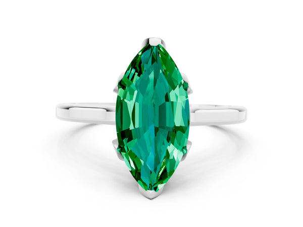 White gold Marquise Cut Emerald Solitaire Ring with Flower Prong Setting and Classic Band