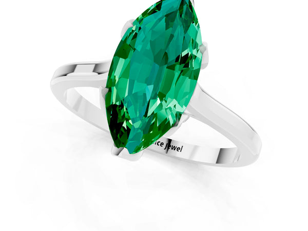 White gold Marquise Cut Emerald Solitaire Ring with Flower Prong Setting and Classic Band