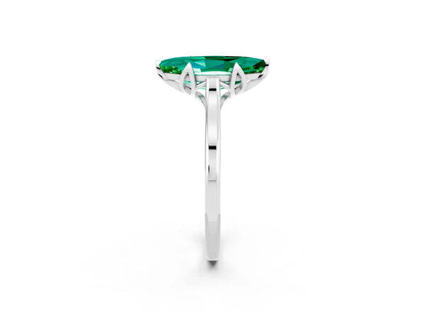 White gold Marquise Cut Emerald Solitaire Ring with Flower Prong Setting and Classic Band