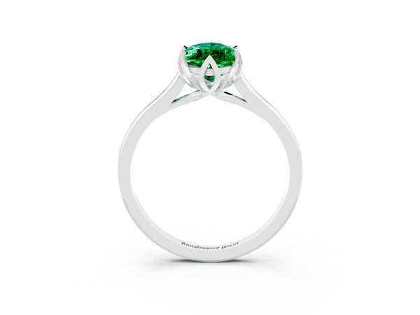White gold Marquise Cut Emerald Solitaire Ring with Flower Prong Setting and Classic Band