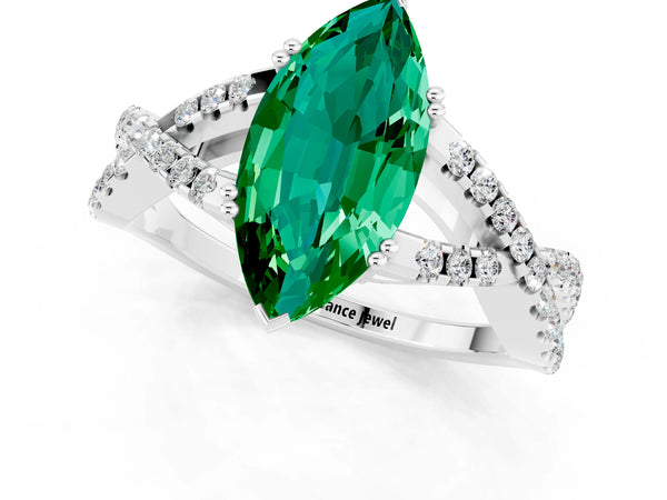 White gold Marquise Cut Emerald Solitaire Ring with Four-Prong Setting and Twisted Pavé Band