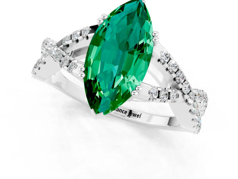 White gold Marquise Cut Emerald Solitaire Ring with Four-Prong Setting and Twisted Pavé Band_1