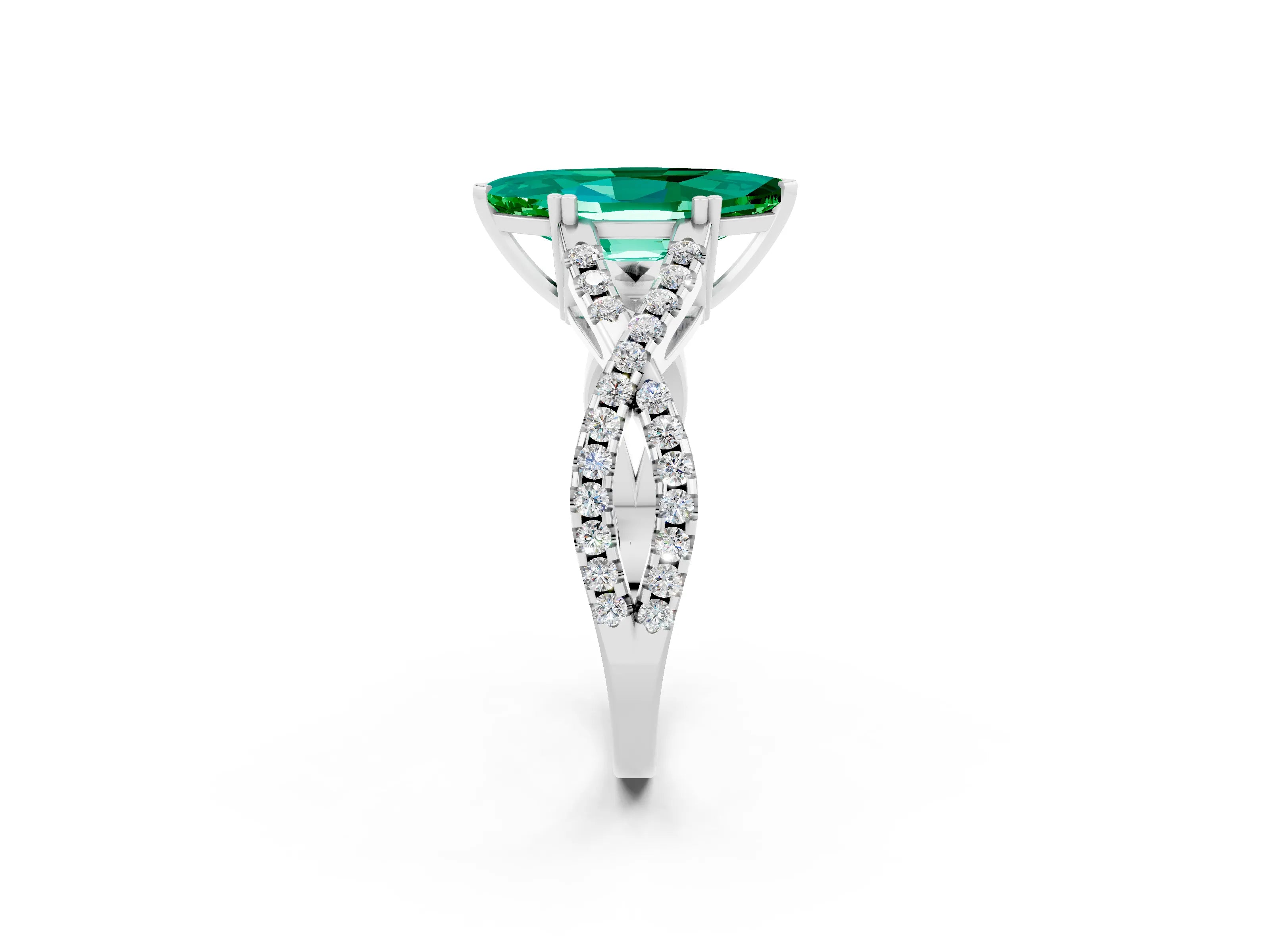 White gold Marquise Cut Emerald Solitaire Ring with Four-Prong Setting and Twisted Pavé Band_2