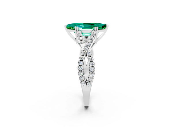 Silver Marquise Cut Emerald Solitaire Ring with Four-Prong Setting and Twisted Pavé Band