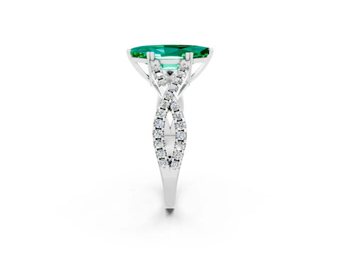 White gold Marquise Cut Emerald Solitaire Ring with Four-Prong Setting and Twisted Pavé Band_2