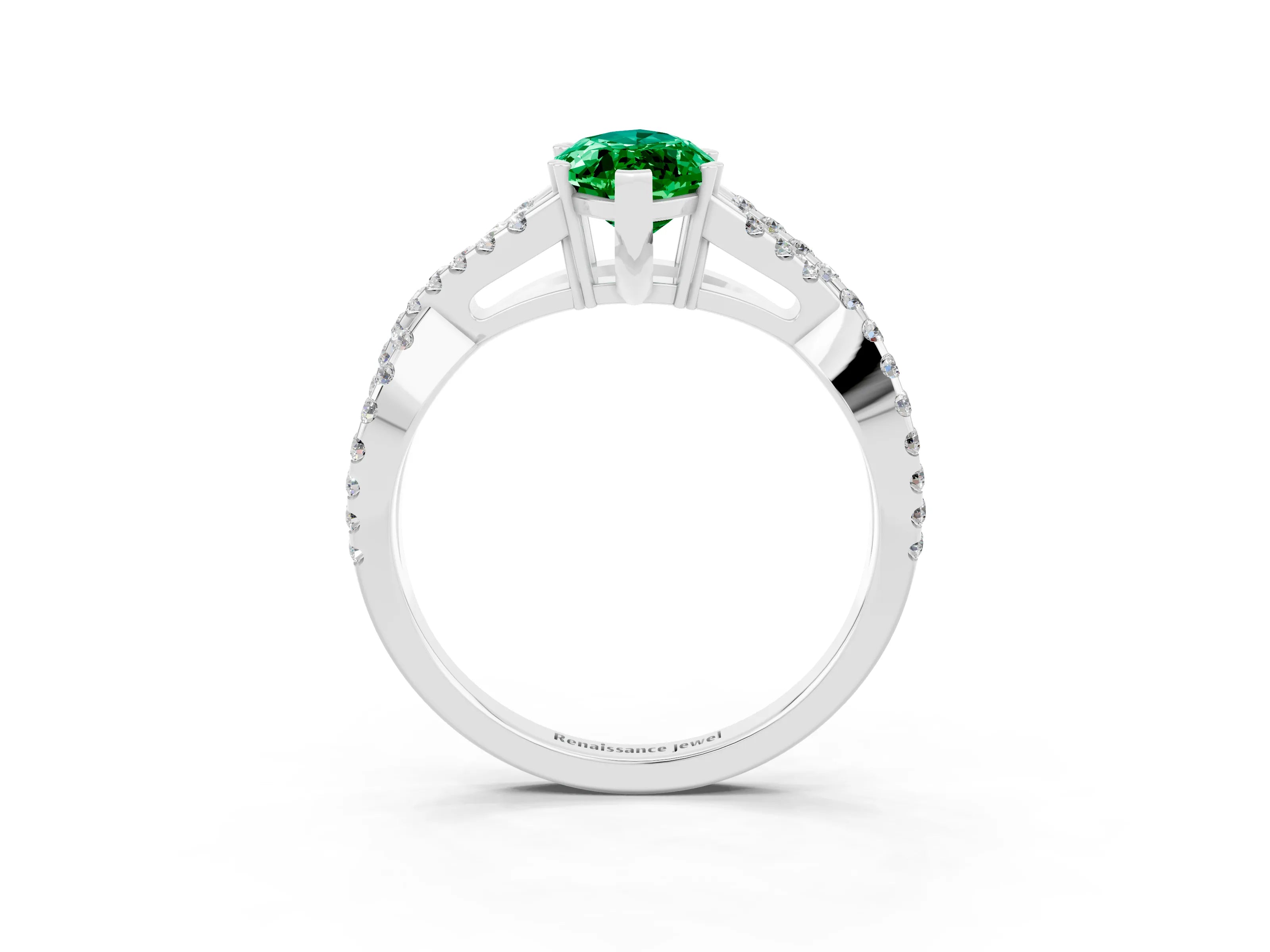 White gold Marquise Cut Emerald Solitaire Ring with Four-Prong Setting and Twisted Pavé Band_3