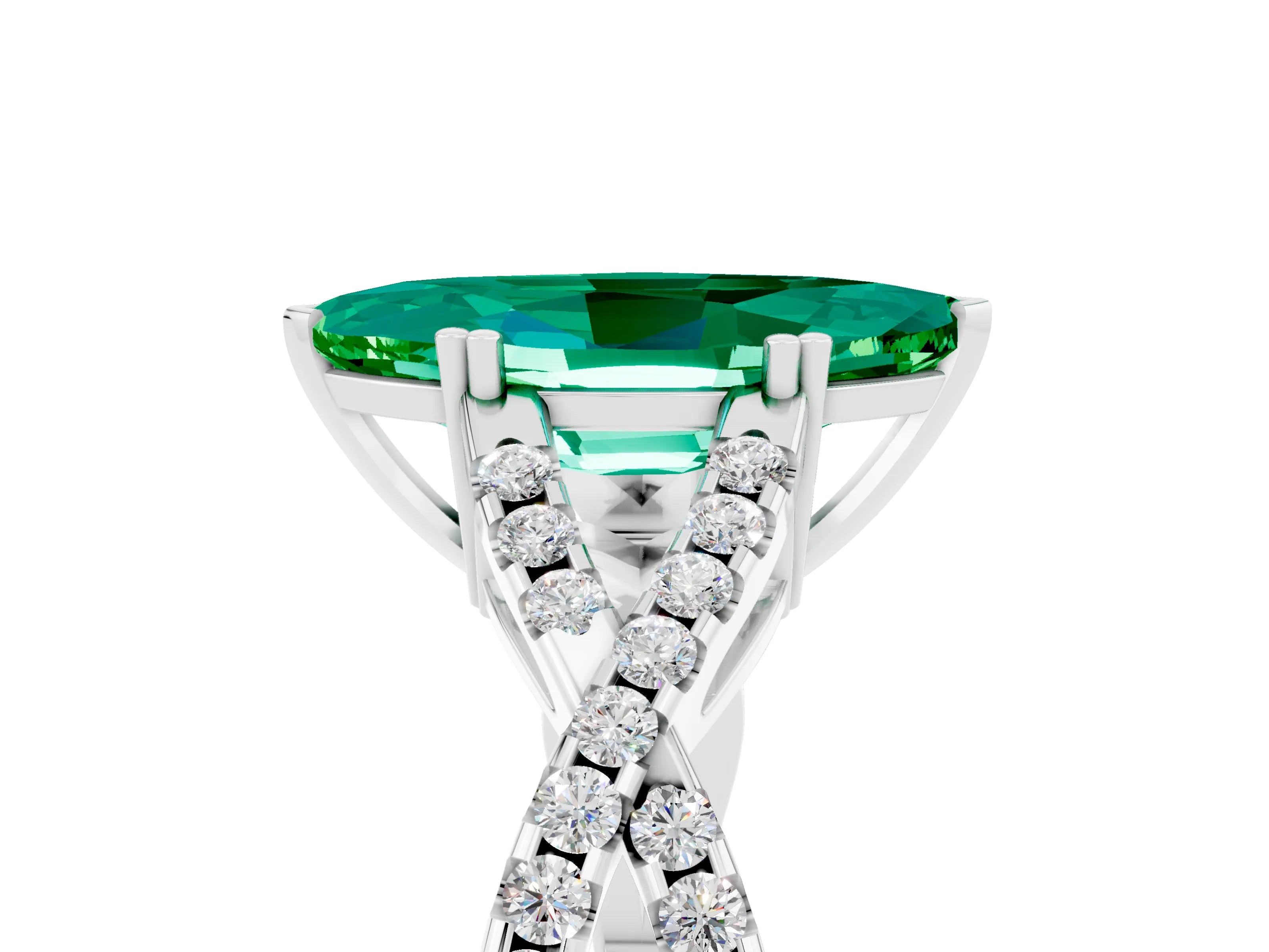 White gold Marquise Cut Emerald Solitaire Ring with Four-Prong Setting and Twisted Pavé Band_5