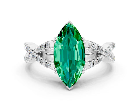 White gold Marquise Cut Emerald Solitaire Ring with Four-Prong Setting and Twisted Pavé Band