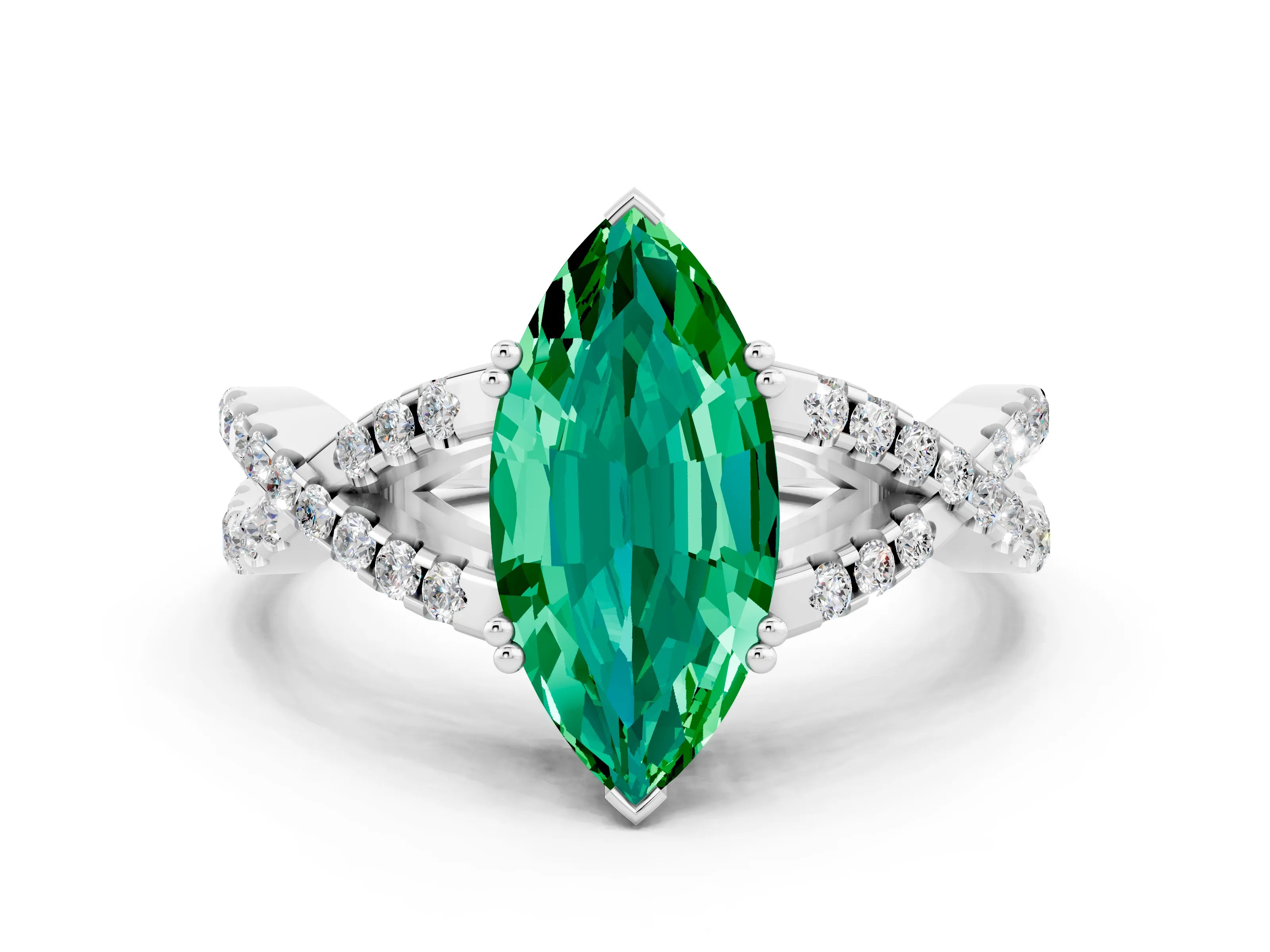 White gold Marquise Cut Emerald Solitaire Ring with Four-Prong Setting and Twisted Pavé Band