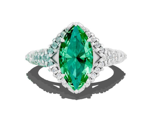 Silver Marquise Cut Emerald Solitaire Ring with Hidden Halo and Pavé Band