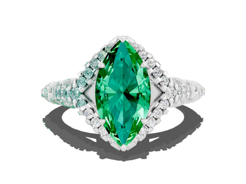White gold Marquise Cut Emerald Solitaire Ring with Hidden Halo and Pavé Band_30