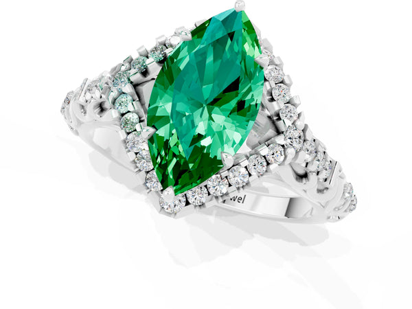 White gold Marquise Cut Emerald Solitaire Ring with Hidden Halo and Pavé Band