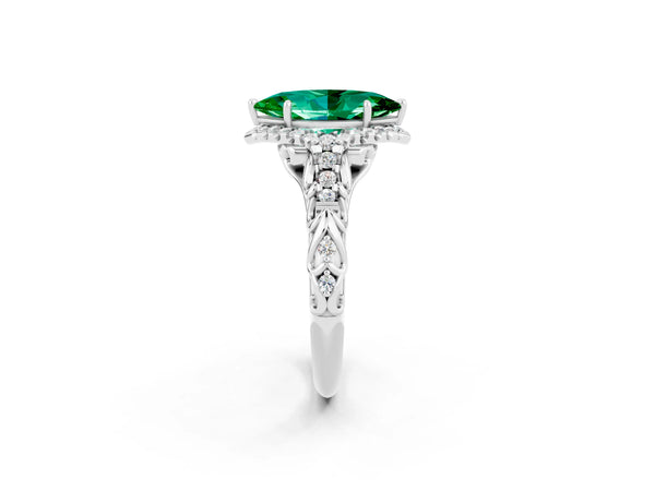 Platinum Marquise Cut Emerald Solitaire Ring with Hidden Halo and Pavé Band