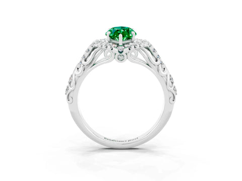 White gold Marquise Cut Emerald Solitaire Ring with Hidden Halo and Pavé Band_33