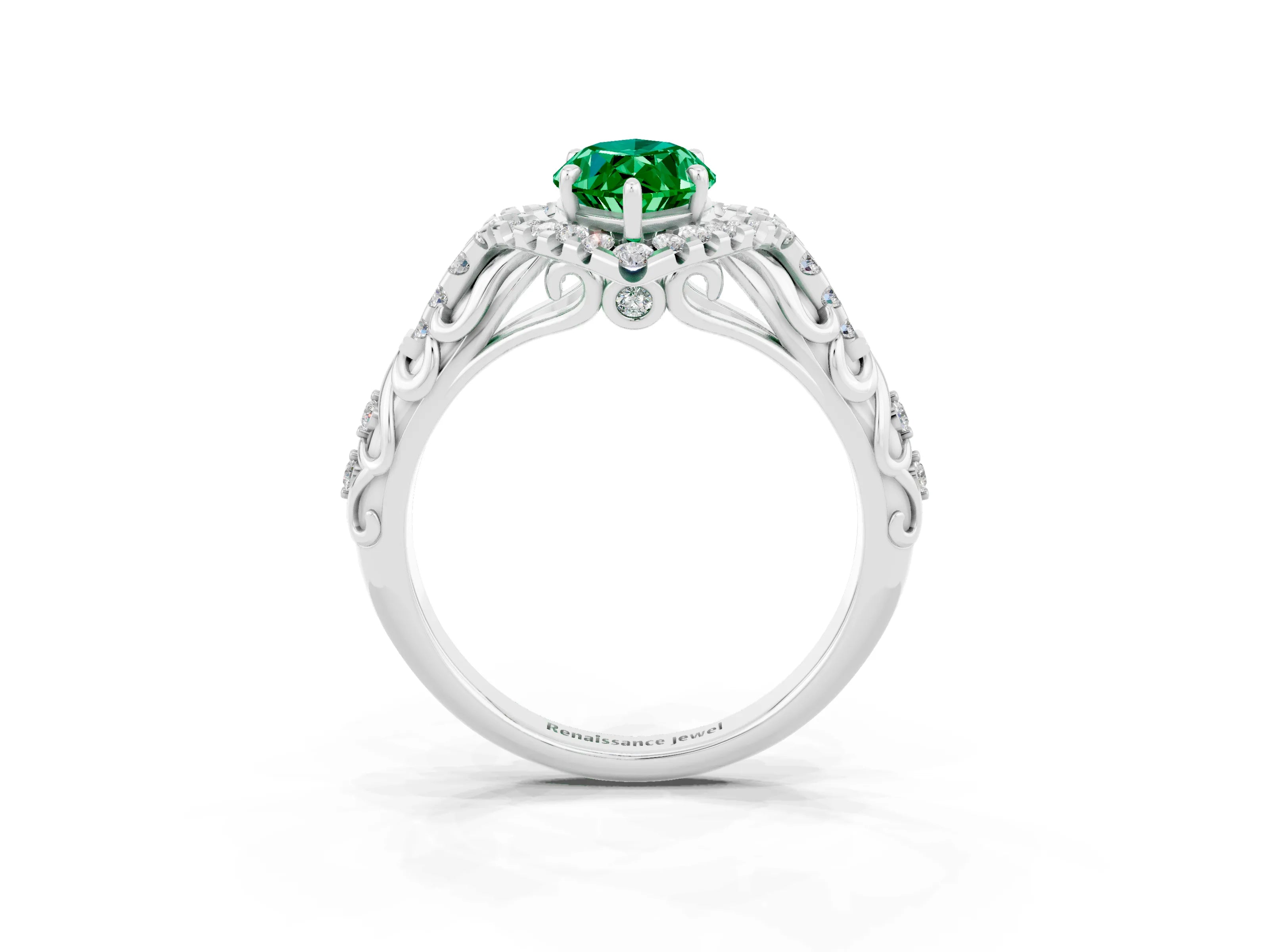 White gold Marquise Cut Emerald Solitaire Ring with Hidden Halo and Pavé Band_34