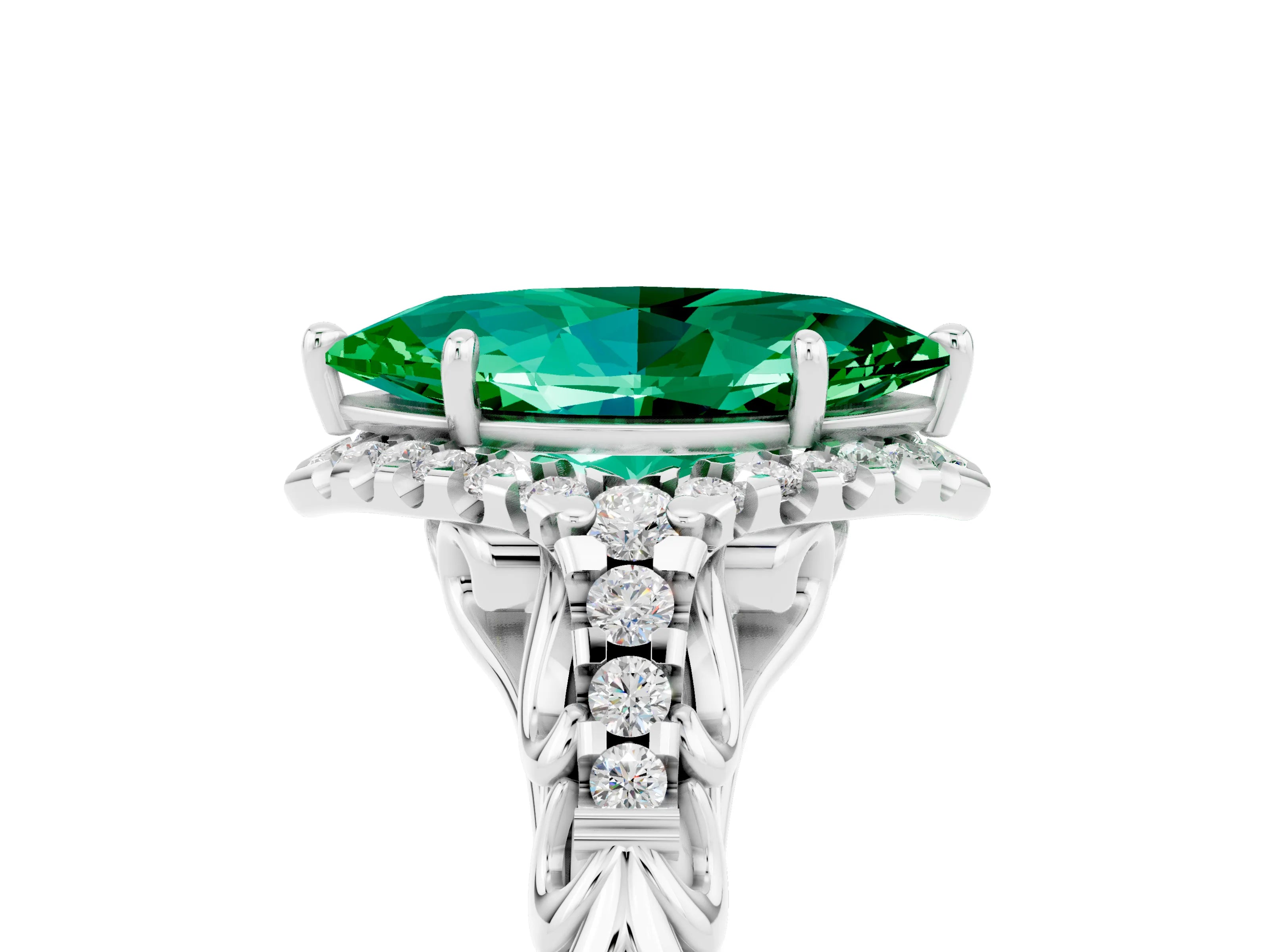 White gold Marquise Cut Emerald Solitaire Ring with Hidden Halo and Pavé Band_36