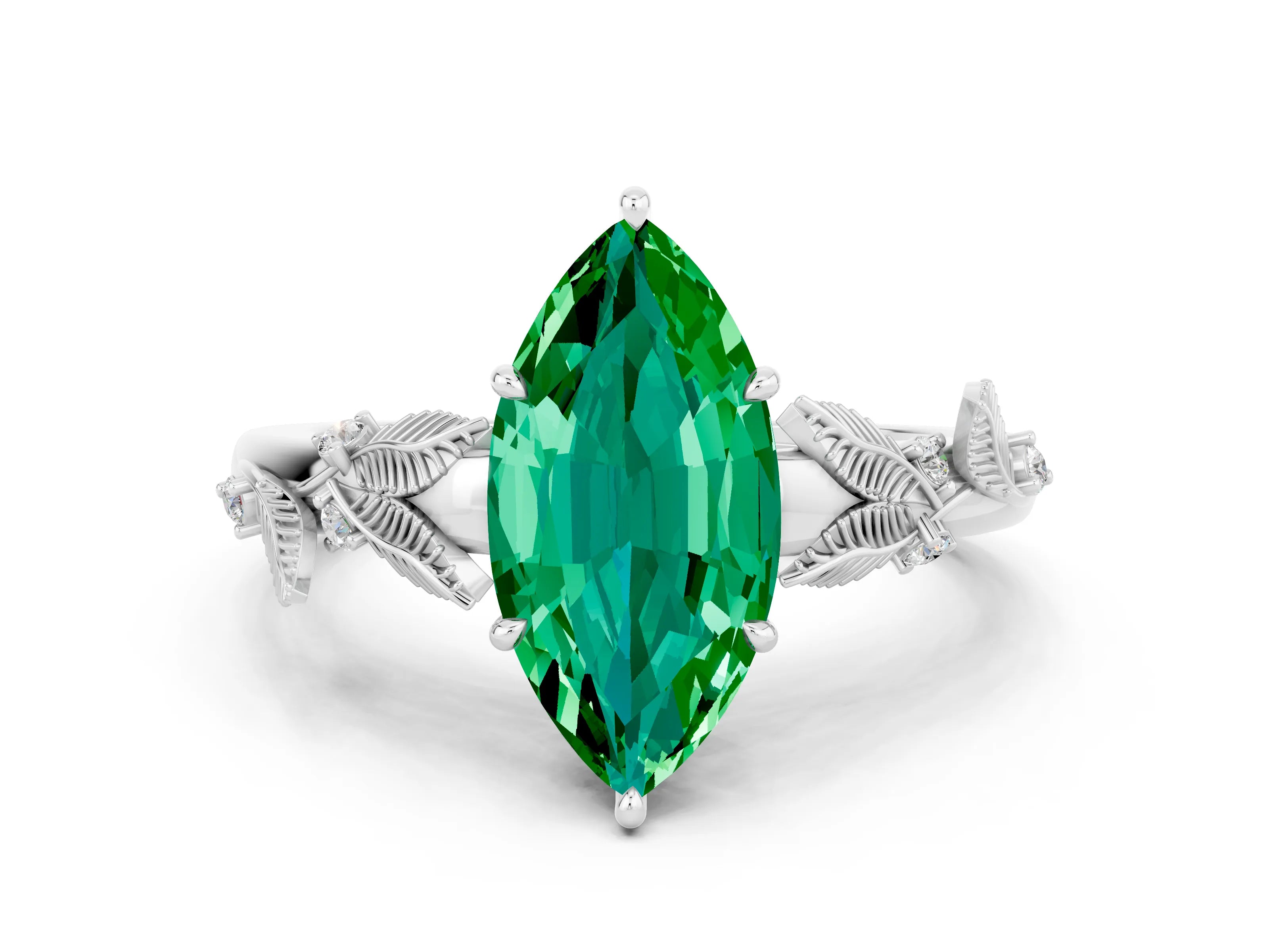 White gold Marquise Cut Emerald Solitaire Ring with Leaf Motif Band and Four-Prong Setting