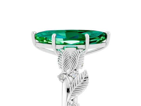 White gold Marquise Cut Emerald Solitaire Ring with Leaf Motif Band and Four-Prong Setting_17