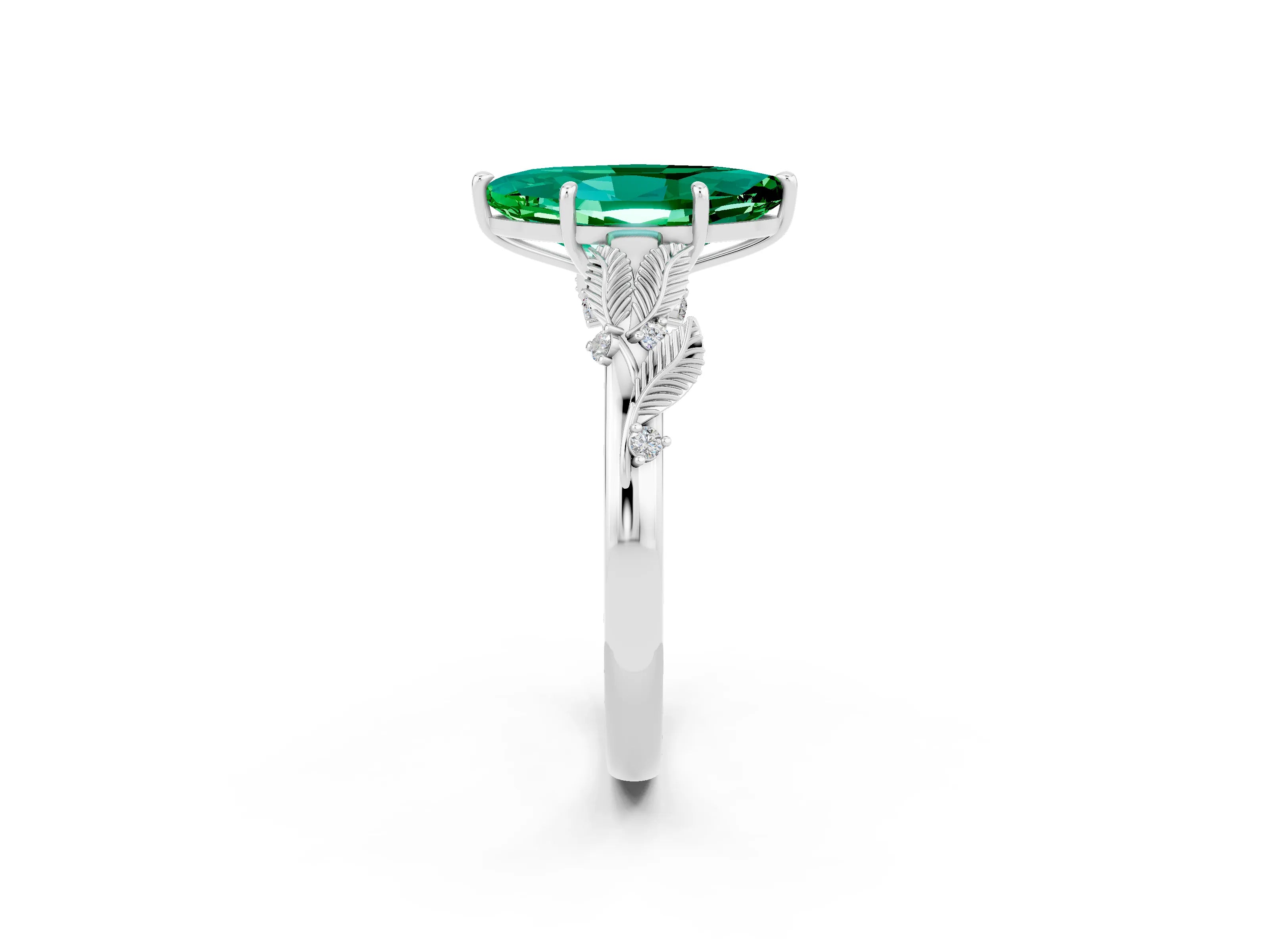 White gold Marquise Cut Emerald Solitaire Ring with Leaf Motif Band and Four-Prong Setting_2