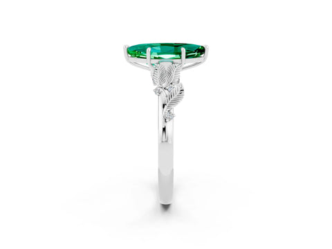 White gold Marquise Cut Emerald Solitaire Ring with Leaf Motif Band and Four-Prong Setting_2