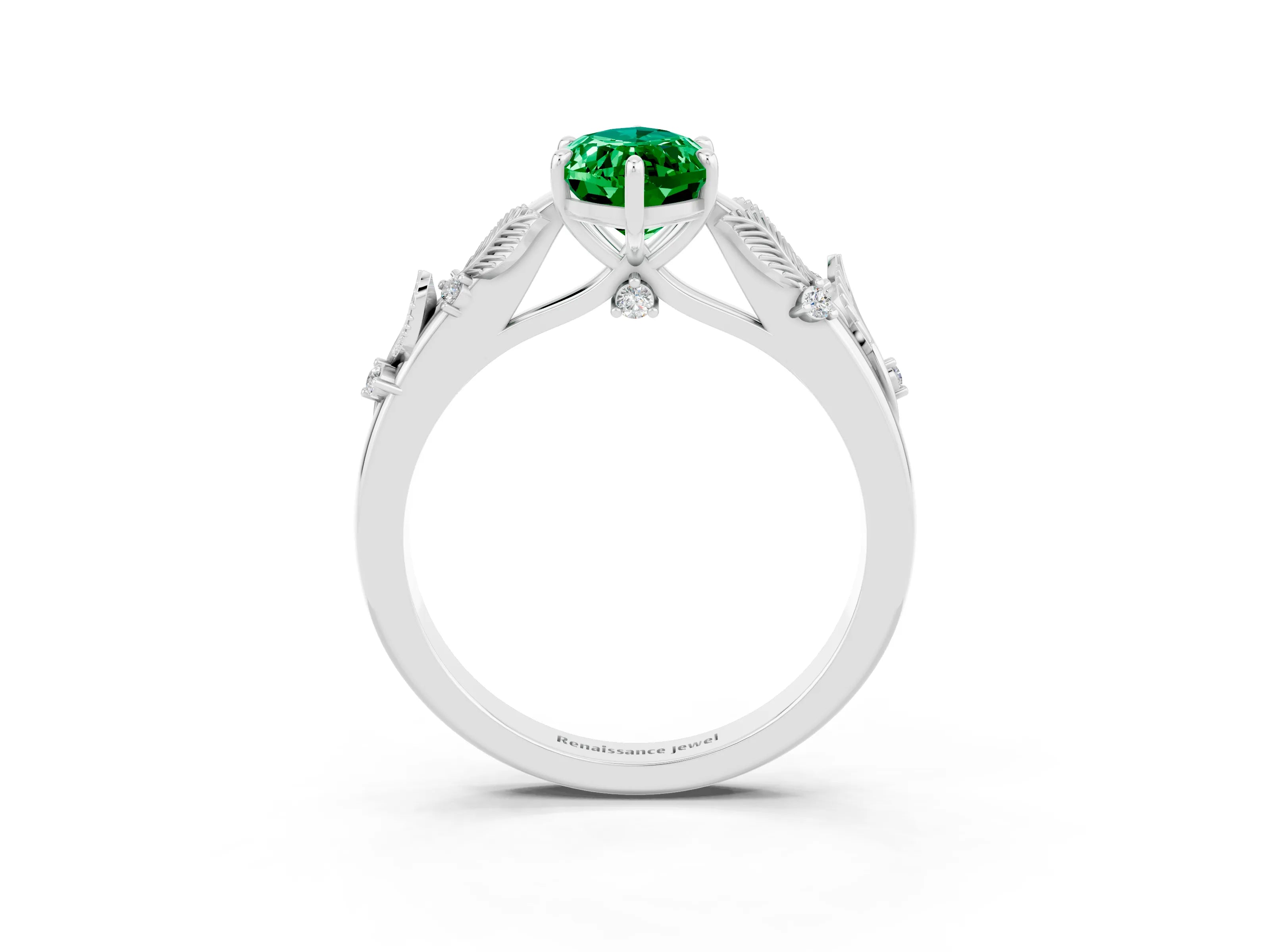 White gold Marquise Cut Emerald Solitaire Ring with Leaf Motif Band and Four-Prong Setting_3